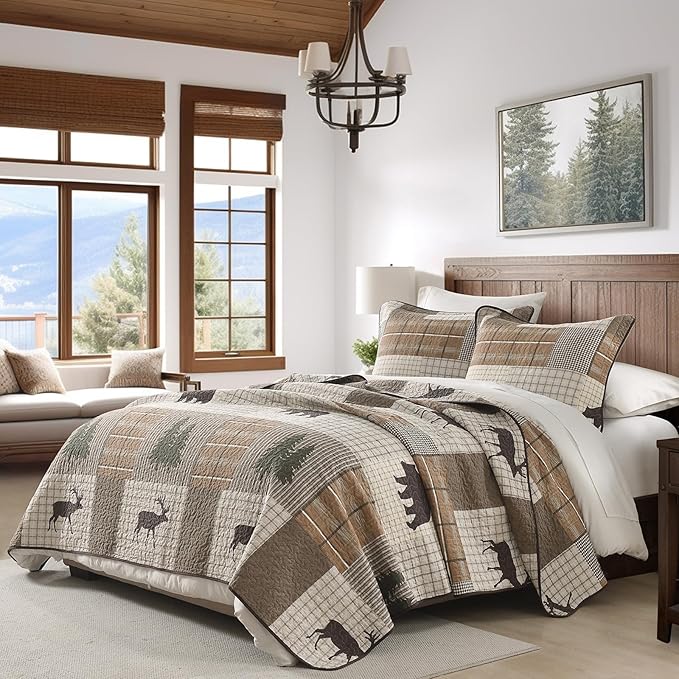 Uniclinens 100% Cotton Quilts King Size - Farmhouse Cabin Lodge Bear Deer Tree King Quilt Set, Soft Patchwork Plaid Bedspread Lightweight Quilted Comforter with 2 Pillow Shams, Green/Brown/Cream