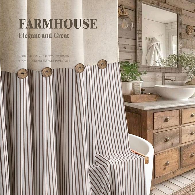 Farmhouse Shower Curtain Linen Beige Button Woven Fabric Country Rustic Western, Pleated Brown Stripe 72" W x 78" L