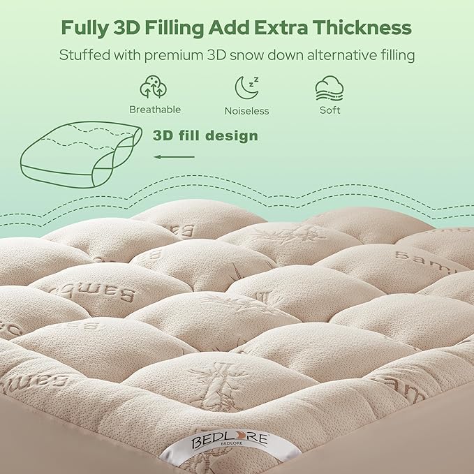 BEDLORE Full Size Mattress Topper Viscose Derived from Bamboo, Thick Pillow Top Mattress Pad with Stretchable Pockets for 6"-15" Mattress, Breathable Mattress Topper for Back Pain Relief(Beige)