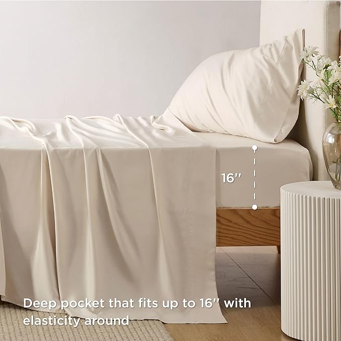 Bedsure Cooling Sheets Twin, Rayon Derived from Bamboo, Breathable & Soft Twin Sheets Set, Deep Pocket Up to 16 Inches, Hotel Luxury Silky Bedding for Hot Sleepers, Light Beige