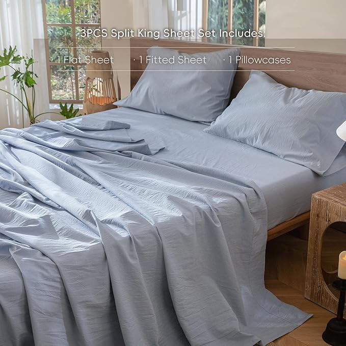 MooMee Bedding Sheet Set 100% Washed Cotton Linen Like Textured Breathable Durable Soft Comfy (Heathered Cornflower Blue, Twin)