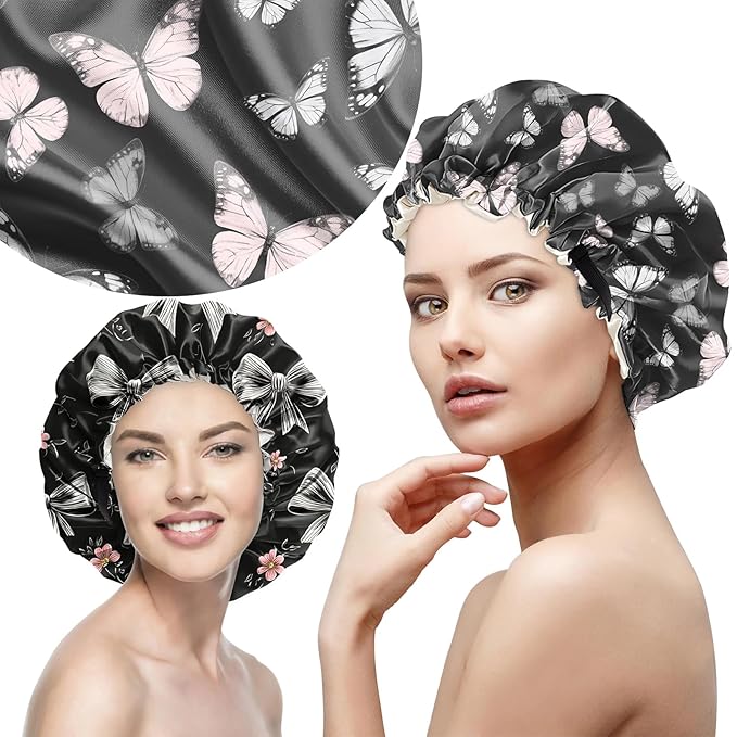2 PCS Bonnets for Women Girls Satin Hair Bonnet Silk Adjustable Elastic Double Layer Hair Wrap Sleep Cap Comfort Cute-Bowknot Butterfly