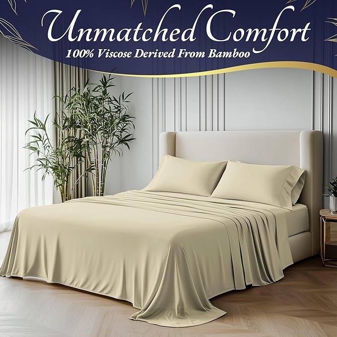 DECOLURE 100% Viscose Derived from Bamboo Sheets Cal King Size 4pcs - Ultra Soft & Luxuriously Cooling, 17" Deep Pocket, Double Stitching, Perfect for Hot Sleepers - King Bed Sheets (Creme)