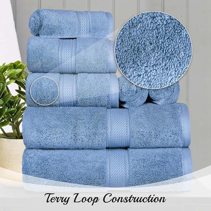 SUPERIOR Egyptian Cotton Pile 9 Piece Towel Set, Includes 3 Bath, 3 Hand, 3 Face Towels/Washcloths, Ultra Soft Luxury Towels, Thick Plush Essentials, Guest Bath, Spa, Hotel Bathroom, Denim Blue