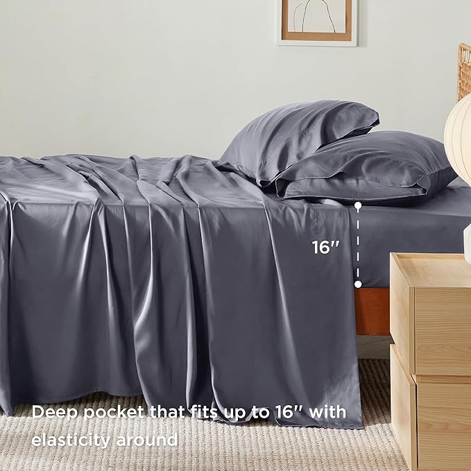 Bedsure King Size Sheets Set, Cooling Sheets for Hot Sleepers, Rayon Derived from Bamboo, Breathable & Soft, Deep Pocket Up to 16 Inches, Hotel Luxury Silky Bedding, Dark Grey