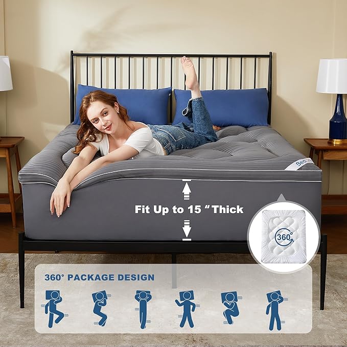 BEDLORE Twin XL Mattress Topper, Thick Pillow Top Pad for Back Pain Relief, Cooling Soft Mattress Cover with Deep Pockets 6-15 inch