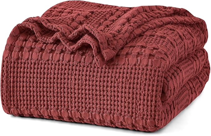PHF 100% Cotton Waffle Weave Blanket Twin Size for Bed, Soft Lightweight & Breathable, All-Season Comfort, Luxury Aesthetic Woven Bedding for Home Decor, 66"x90", Wine Red