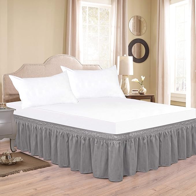 Biscaynebay Wrap Around Bed Skirts for Queen Beds Extra Long Drop of 25", Silver Grey Adjustable Elastic Dust Ruffles Easy Fit Wrinkle Resistant Silky Luxurious Fabric Machine Washable