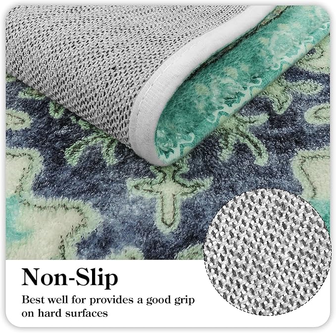 Uphome Boho Retro Hallway Runner Rug Green Non-Slip Soft Bathroom Rugs Oriental Machine Washable Runner Rug Traditional Tribal Floral Carpet for Bedroom Kids Room Entryway, 24x71 inch