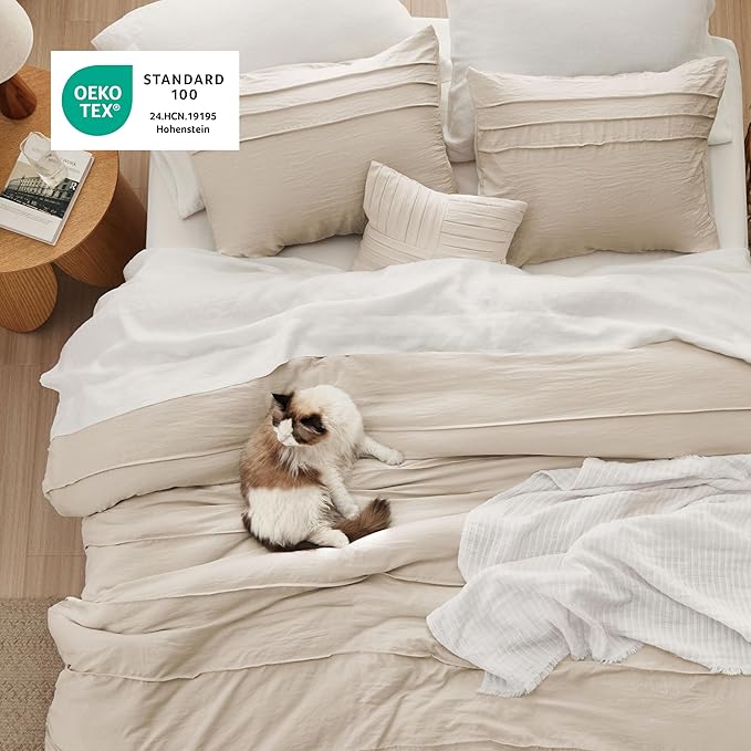 Bedsure Twin Comforter Set - 3 Pieces Pinch Pleat Bed Set, Linen Boho Bedding for All Season, 1 Soft Comforter, 1 Pillowcase, 1 Decorative Pillow