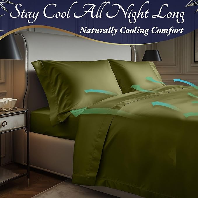 DECOLURE 100% Viscose Derived from Bamboo Sheets Full Size 4pcs - Ultra Soft & Luxuriously Cooling, 17" Deep Pocket, Double Stitching, Perfect for Hot Sleepers - Full Bed Sheets (Light Olive)