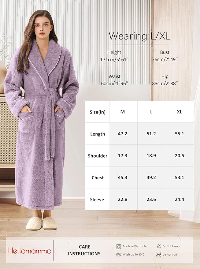 Hellomamma Long Bath Robe for Womens Plush Soft Fleece Bathrobes Nightgown Ladies Pajamas Sleepwear Housecoat