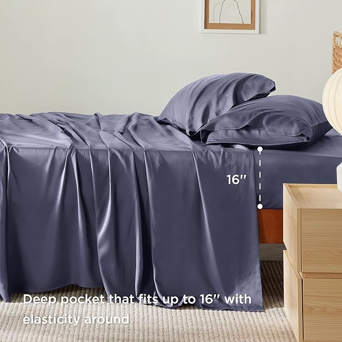 Bedsure California King Sheet Sets, Cooling Sheets, Rayon Derived from Bamboo, Breathable & Soft, Deep Pocket Up to 16 Inches, Hotel Luxury Silky Bedding for Hot Sleepers, Dark Grey