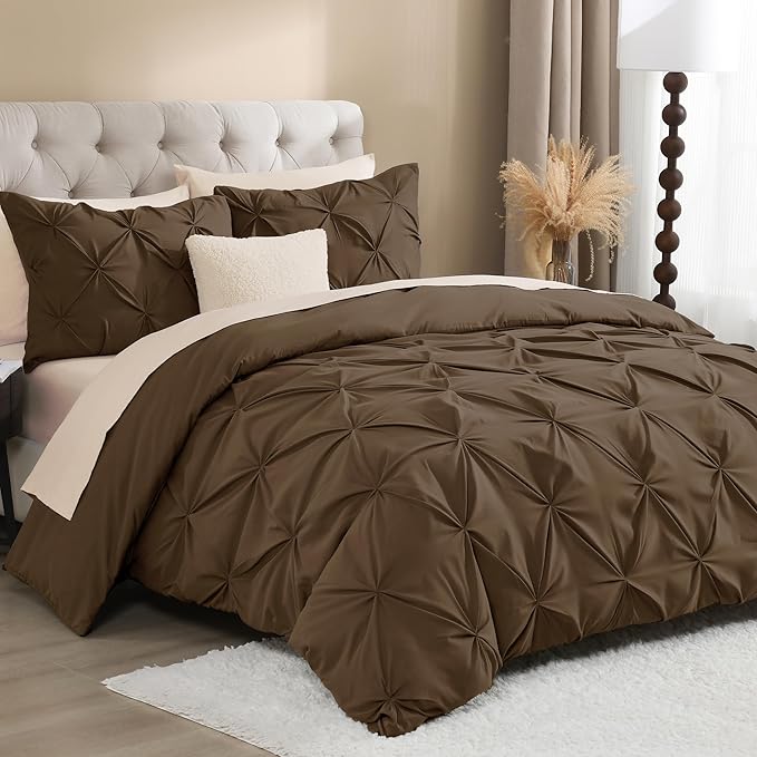 Litanika Brown King Pinch Pleat Duvet Cover, 3 Pieces Pintuck Cover Soft Microfiber Bedding Set with Zipper Closure & Corner Ties(104x90Inch-1 Duvet Cover, 2 Pillowcases)
