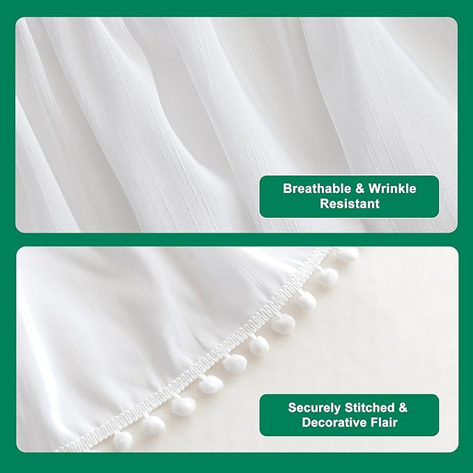 Biscaynebay Queen Bed Skirt 15 inch Drop-White Dust Ruffle Bedskirt with Pompoms-Wrap Around Bed Skirting Easy Fit Elastic Strap-Silky Luxurious Fabric Wrinkle Free-for Women Men Kids