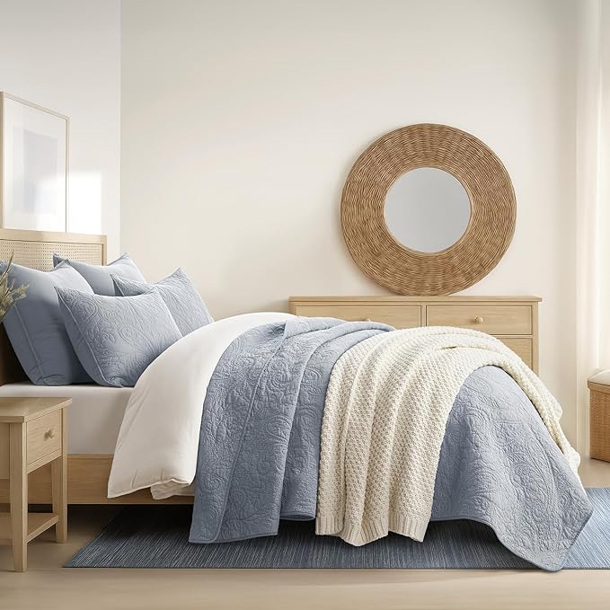 EVERGRACE 100% Cotton Paisley Quilt Set, Queen Size 3 Piece Set – Prewashed Lightweight Bedspread with 2 Shams, Soft & Breathable Matelasse Coverlet for All-Season Comfort, Pearl Blue
