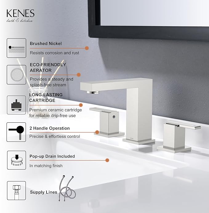 KENES Brushed Nickel Widespread Bathroom Faucet 2 Handle Bathroom Sink Faucet 3 Hole, 8-Inch 3 Pieces Vanity Faucet with Pop Up Drain & Supply Lines, KE-9050-P