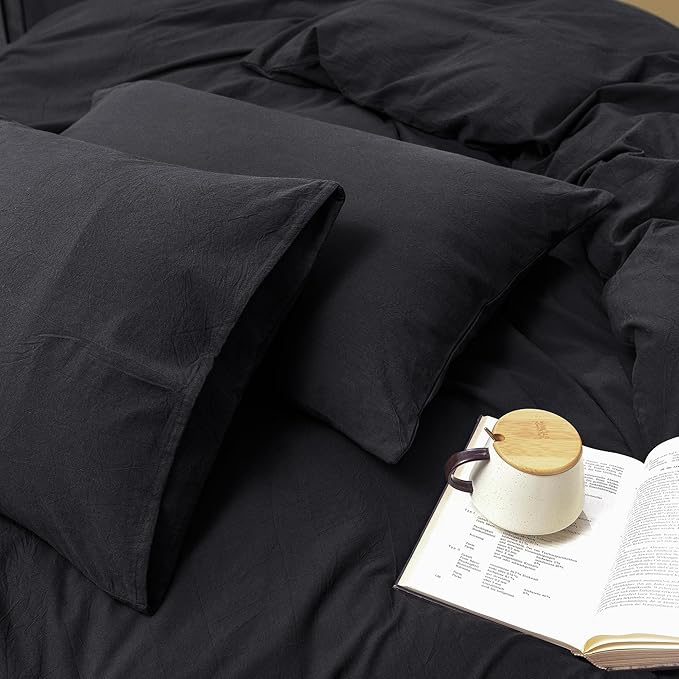 FOSSA Duvet Cover Set 100% Washed Cotton Linen Feel Super Soft Breathable Cozy 3 Pieces Bedding Sets Solid Black Super King