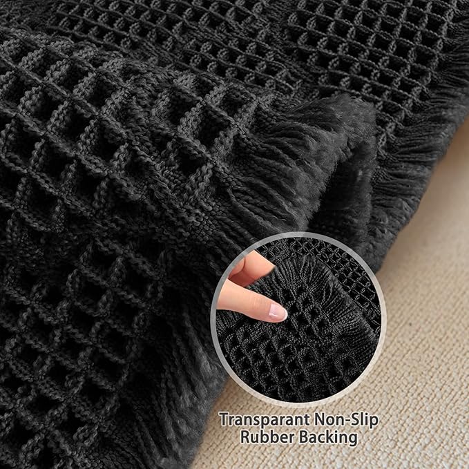 ZALL Black Waffle Bath Mat,Super Absorbent Non Slip Bathroom Rug,18x30inch, Geometric Diamond Machine Washable Ultra Soft Floor Mats