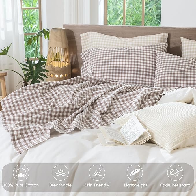 MooMee Gingham Sheet Set 100% Washed Cotton Linen Like Textured Breathable Soft w/Fully Elasticized 16-19" Deep Pocket (Classic Gingham Brown, Queen)