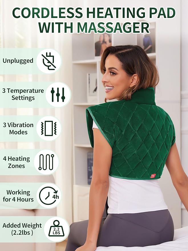 Vofuoti Heating Pad for Neck and Shoulders, Portable Cordless Heating Pad with Massager and Battery, Weighted Electric Heated Neck Shoulder Wrap, 16'' x 22'', 2.2lbs