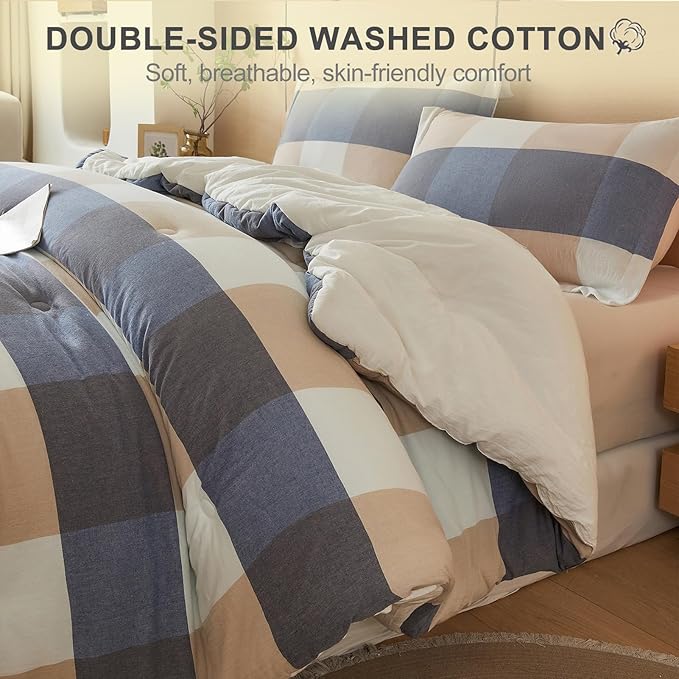 100% Cotton Comforter Set Queen Size – Reversible Yarn-Dyed Checkered Design, Soft Washed Cotton on Both Sides, Lightweight All-Season Bedding, Machine Washable(Blue White Plaid, 90”x90”)