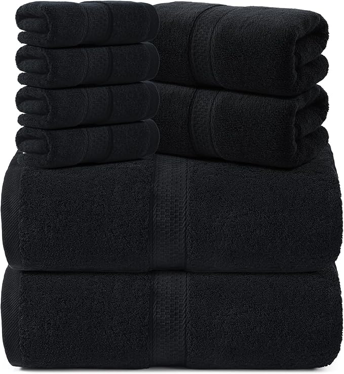 REDKISS Luxury 100% Cotton 8 Piece Bath Towel Sets, 2 Bath Sheets (35x70 in), 2 Hand, 4 Washcloths, Super Absorbent & Quick-Dry Shower Towel for Bathroom Spa Gym Hotel Yoga - Black