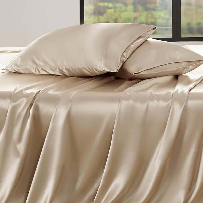 Bedsure Satin Sheets Queen Size - 4 Piece Silky Bedsheets with 15 Inches Deep Pocket Fitted Bedsheet,1 Flat Sheet, 2 Satin Pillowcases, Good for Hair & Skin (Queen, Khaki)
