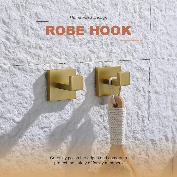 TASTOS Bath Towel Hooks Brushed Gold, 2 Pack Stainless Steel Robe Coat and Clothes Hook, Heavy Duty Wall Hook for Bathroom & Kitchen, Modern Square Style Wall Mounted…