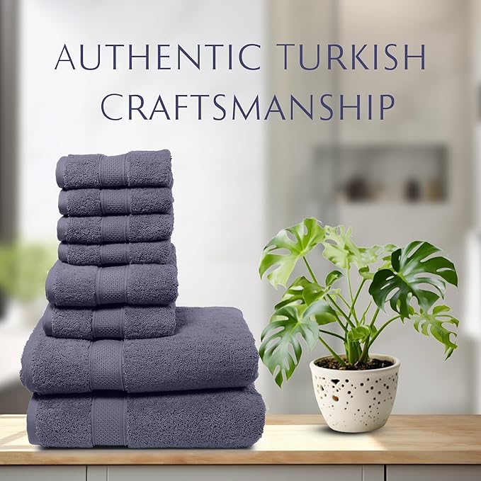 MAURA Indigo Blue Bath Towel Set of 8 for Bathroom. Turkish Cotton Luxury Bath Towels. Extra Large, Thick, Plush & Soft. Hotel & Spa Quality - Denim Blue
