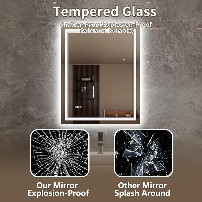 Bathroom Mirror with Lights 32"X40" with Front Light and Backlit, Tempered Glass, Wall Mount Horizontal/Vertical, Stepless Dimmable, 3 Colors, Anti Fog, Bathroom Memory LED Mirror