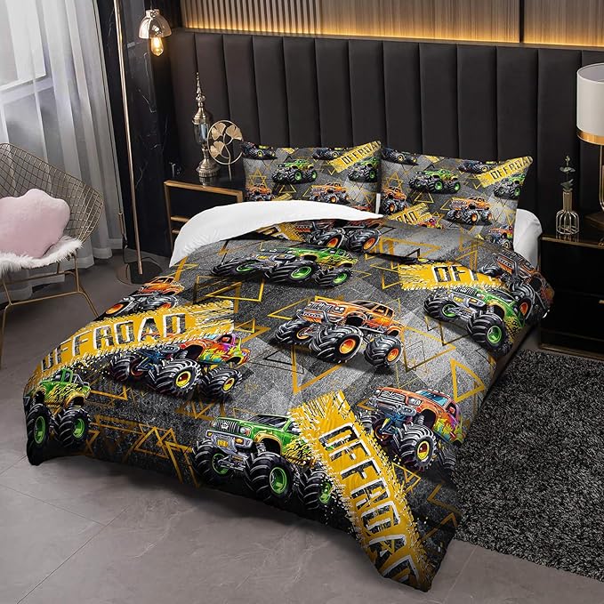 Full Size Monster Truck Comforter Sets for Boys，Monster Truck Full Size Bedding Sets Boys，with 1 Comforter with 2 Pillow Case，Kids Monster Truck Themed Bedroom Decor