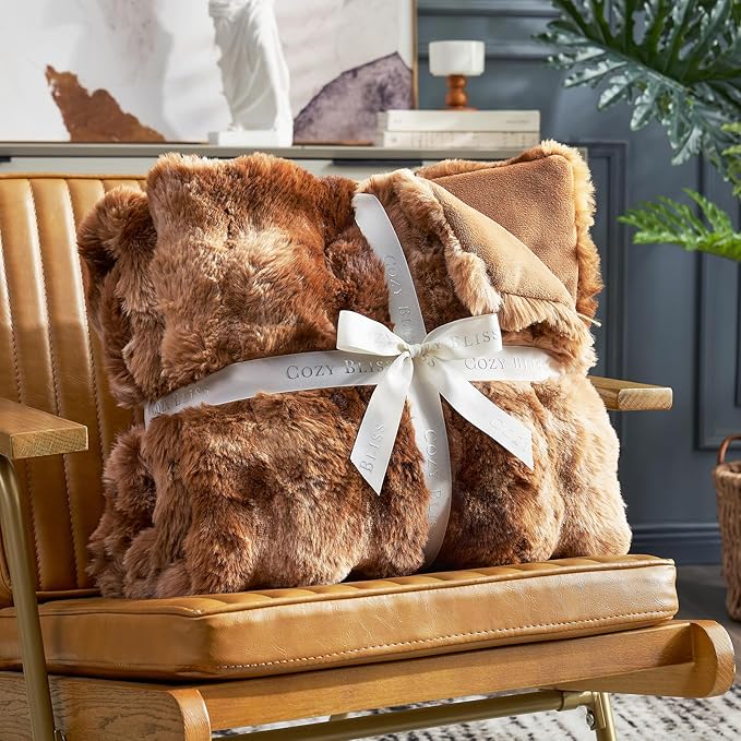 Cozy Bliss Faux Fur Throw Blanket Queen Size, Fuzzy Soft Plush Thick Bubble Blanket for Bed Couch Bedroom Living Room, 90x90 Inches Tie-dye Brown