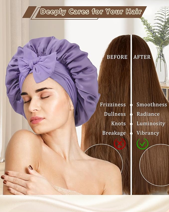 AWAYTR Women Satin Bonnet for Sleeping - Double Layer Silk Hair Bonnet with Elastic Tie Band for Braids Curly Hair