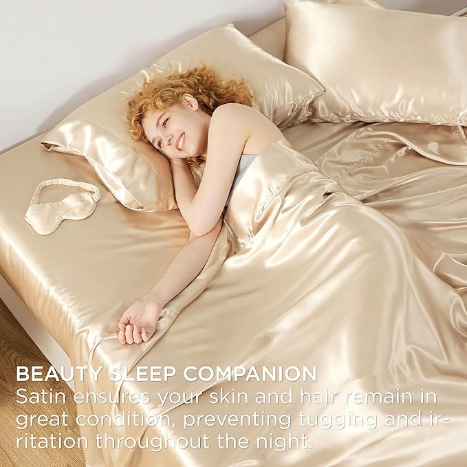 Bedsure Satin Sheets King Size - 4 Piece Silky Bedsheets with 15 Inches Deep Pocket Fitted Bedsheet,1 Flat Sheet, 2 Satin Pillowcases, Good for Hair & Skin (King, Champagne)