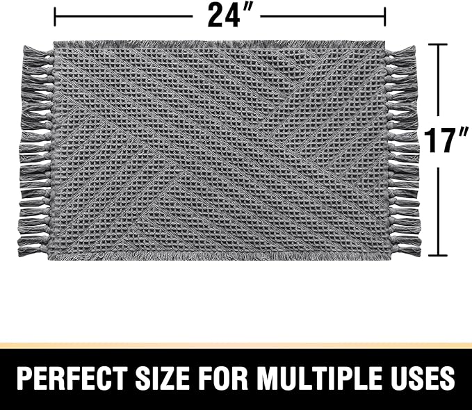 H.VERSAILTEX Waffle Bath Mat Super Absorbent Boho Bath Mat Non Slip Bath Rugs for Bathroom Floor Machine Washable Dry Fast Bathroom Rugs with Tassels, 17" x 24", Gray