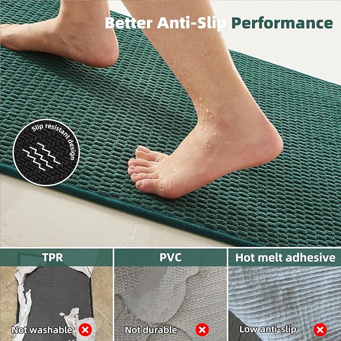 Bathroom Rugs Non Slip Washable, Super Absorbent Thin Bath Mat Quick Dry Low Pile Bathroom Rug, Dark Green 20"x48"