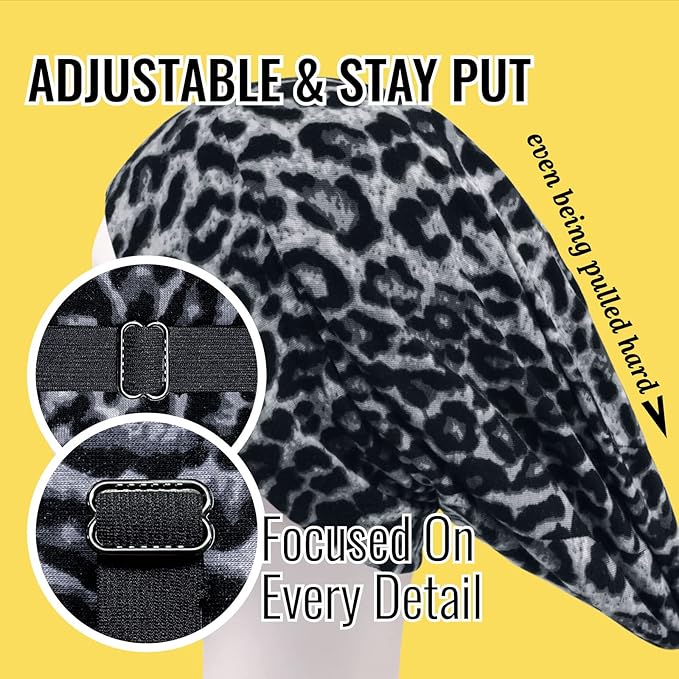 Satin Lined Sleep Cap Bonnet for Curly Hair and Braids, Stay On All Night Hair Wrap with Adjustable Strap for Women and Men, Grey and Black Leopard, Pack of 2