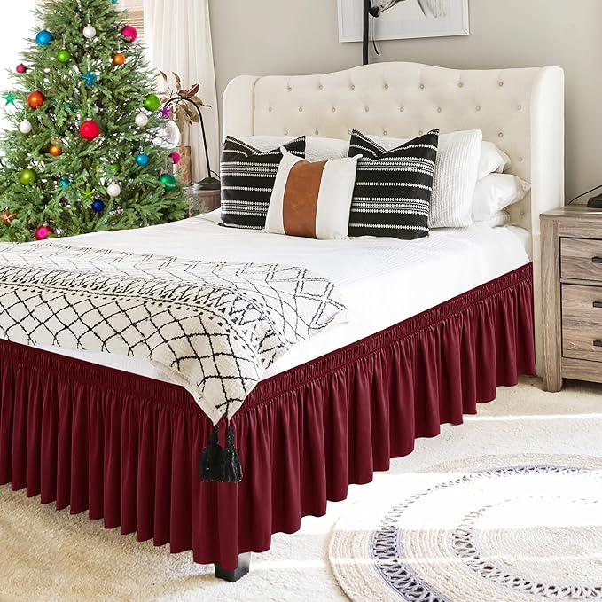 Biscaynebay Wrap Around Bed Skirts for Twin & Twin XL Beds Short Drop of 12", Burgundy Adjustable Elastic Dust Ruffles Easy Fit Wrinkle Resistant Silky Luxurious Fabric Machine Washable