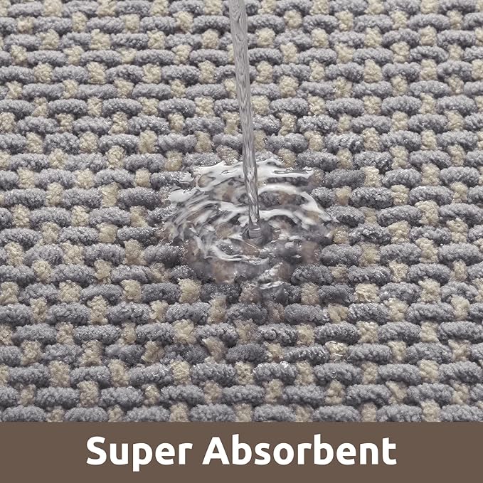 AMOAMI Chenille Bath Mat Super Absorbent Bathroom Mat Quick Dry Low Pile Bath Mats for Bathroom Washable Rubber Backed Bathroom Runners Fit Under Door, Front of Bathtub, Sink, LIGHTGREY&Beige 17"x59"