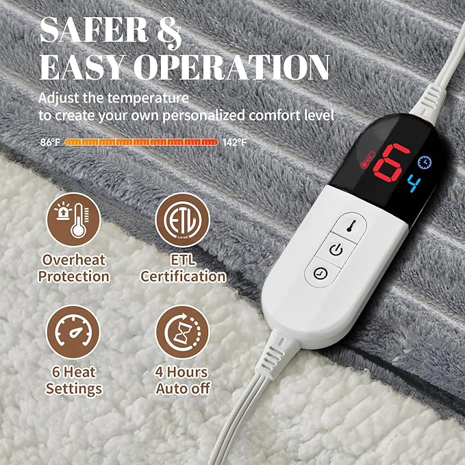 Electric Heated Throw Blanket - 50"x60" Fast Heating Bed Blankets with 6 Heating Levels & 4 Hours Auto Off, Soft Ribbed Flannel Sherpa, Over-Heated Protection ETL, Light Gray