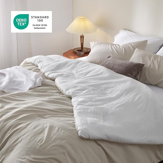 Bedsure Full Size Comforter Set, Reversible Beige Soft Prewashed Bedding for All Seasons, 3 Pieces Warm Down Alternative Bed Set, 1 Lightweight Comforter (82"x86") and 2 Pillowcases (20"x26")