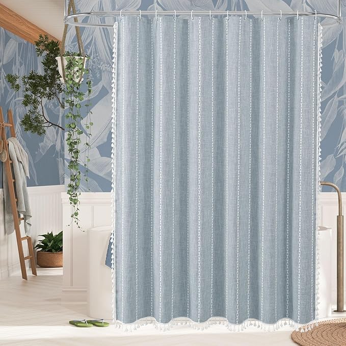 MitoVilla Boho Extra Long Shower Curtain 72 x 96, Blue Modern Farmhouse 96 inch XL Polyester Linen Texture Tassel Fabric Shower Curtain Set with Hooks for Cottagecore Country Bathroom Decor,Blue