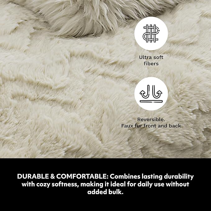 Mon Chateau 60" x 70" Crest Faux Fur Throw, Plush Luxury Blanket for Couch, Sofa, or Bed, Soft Reversible Throw Blanket for Sleeping, Home & Room Decor, Sandstone Jacquard