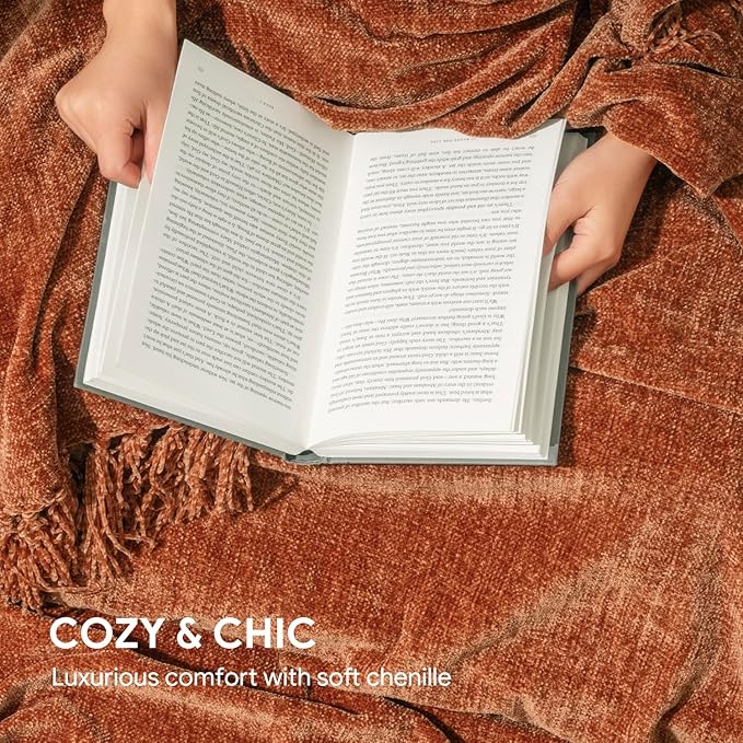 RECYCO Throw Blanket Soft Cozy Chenille Throw Blanket with Fringe Tassel for Couch Sofa Chair Bed Living Room Gift (Rust, 50" x 60")