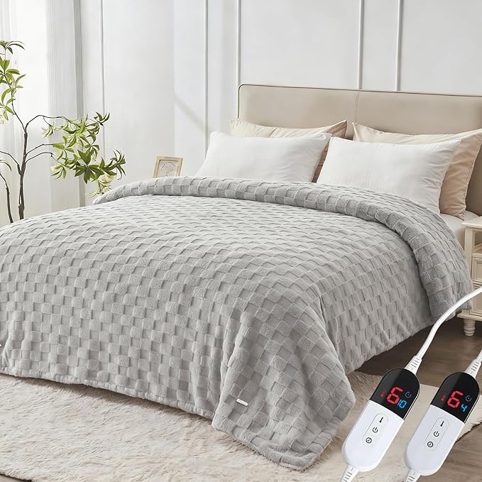 Electric Heated Blanket Queen Size Dual Control - Jacquard Checkered Sherpa 84"x90" Fast Heating Bed Blankets with 6 Heating Levels & 10 Hours Auto Off, Over-Heat Protection ETL, Light Gray
