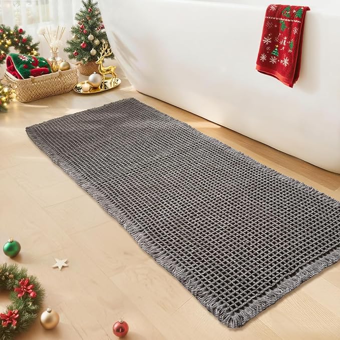 Waffle Runner Bath Mat - Long Boho Bathroom Rugs Non Slip Washable, Super Absorbent & Quick Dry, Soft Bath Mat Farmhouse Bathroom Decor, 24'' x 60'', Dark Grey
