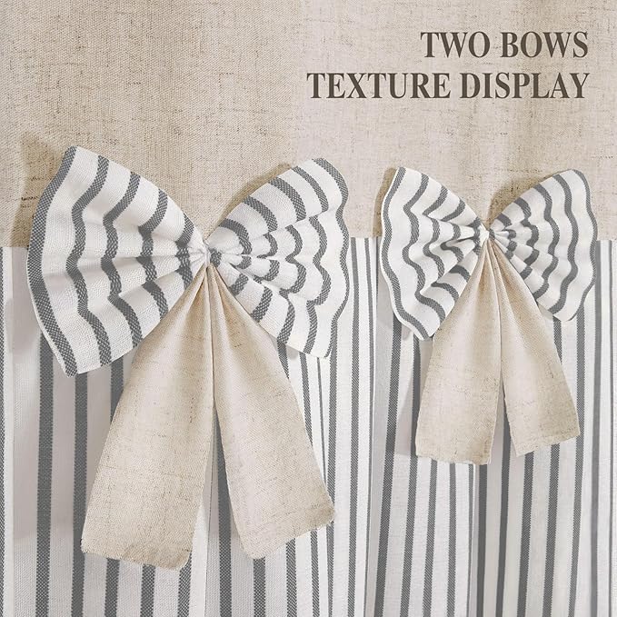 Farmhouse Shower Curtain Linen Bow Woven Fabric Country Rustic Western, Pleated Grey Stripe 72" W x 78" L
