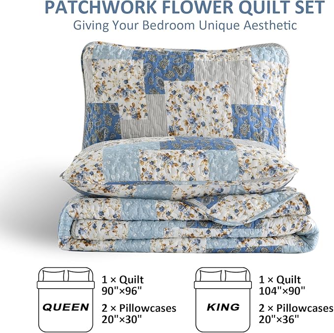 Mybedsoul Light Blue Quilt Set Queen Size, 3 Pieces Boho Plaid Floral Bedspread Set Microfiber Lightweight Bohemian Bedding Bedspread Coverlet Set for All Season 90"x96"
