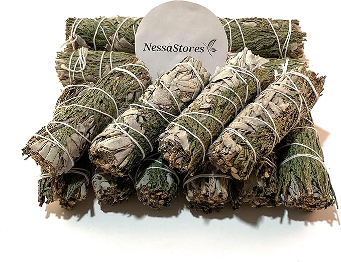 NessaStores 1 pc California White Sage & Cedar Smudge Stick, 4-Inch Hand Tied, All Natural, Ethically Sourced for Negative Energy Removal Home Cleansing, & Attracting Positivity JC-166